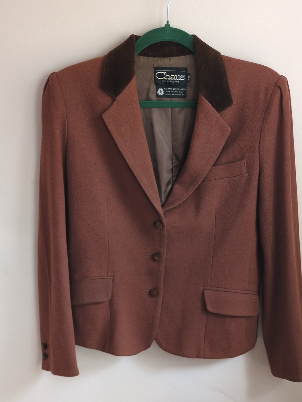 Chaus Women's Brown Blazer with Dark Brown Velvet Collar And Puff Sleeve Cap
